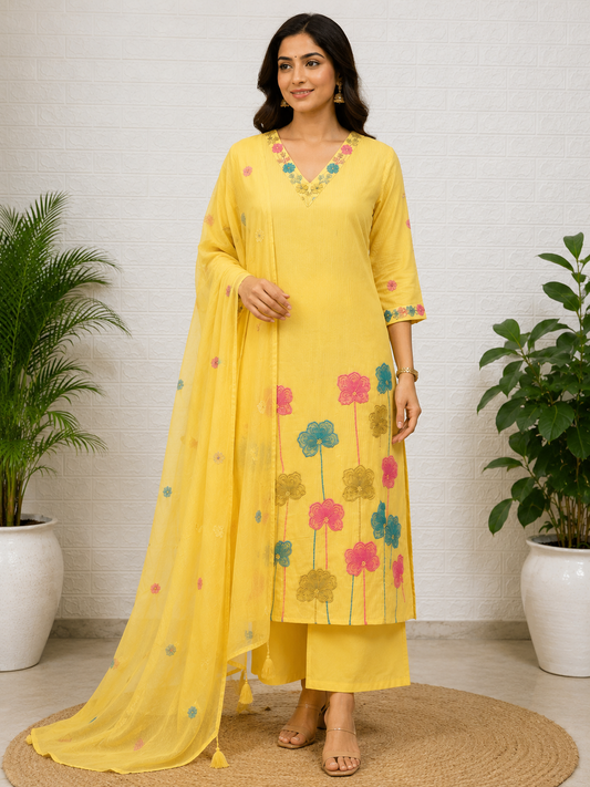 Premium Floral Embroidered A-Line Suit Set – Sunshine Yellow