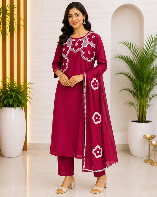 Premium Cotton Straight Suit Set – Ruby Pink & Royal Blue