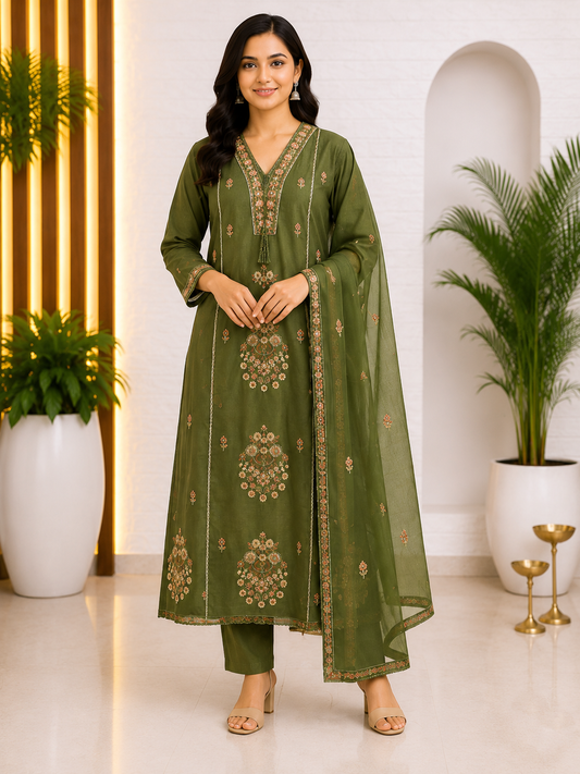 Premium Cotton Straight Suit Set – Rust Orange & Olive Green