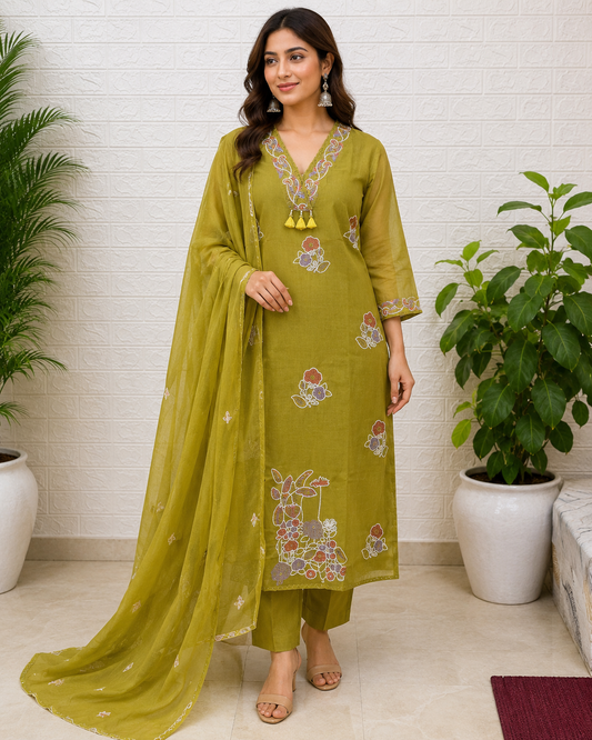 Premium Floral Embroidered Cotton Straight Suit Set – Olive Green & Rani Pink