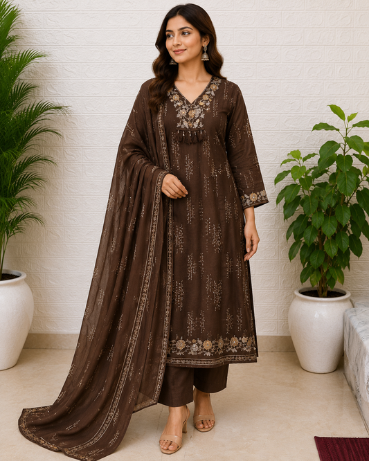 Embroidered Cotton Suit Set – Chocolate Brown