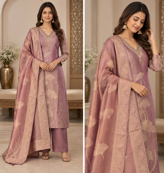 Mauve Gold Floral Ethnic Suit Set