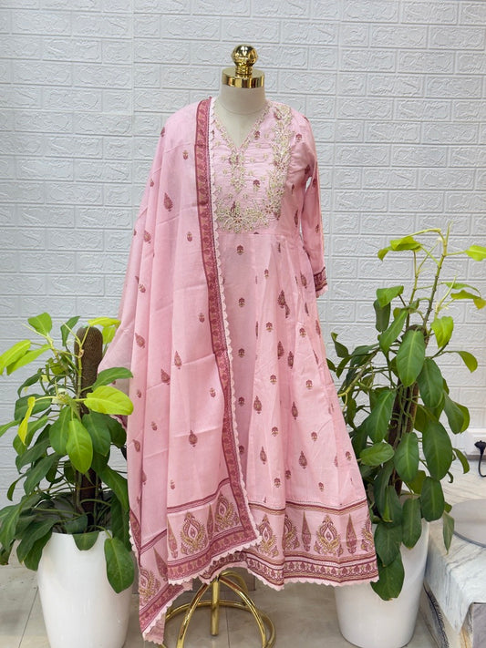 Premium Cotton Anarkali Suit Set – Baby Pink