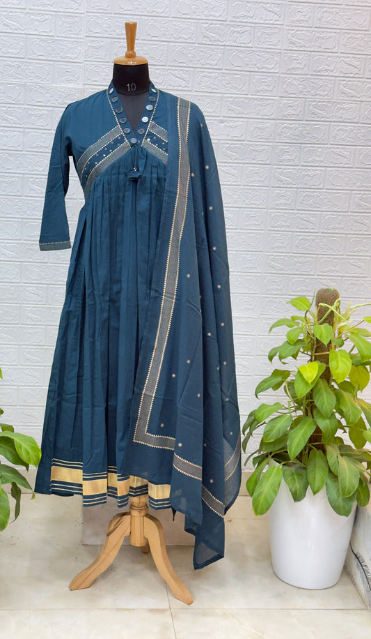 Premium Mirror Work Cotton Anarkali Suit Set with Elegant Dupatta – Teal Blue