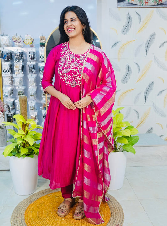 Premium Mul Chanderi with Tissue Dupatta (Handwork Touch Near Neck Yoke) - Pink