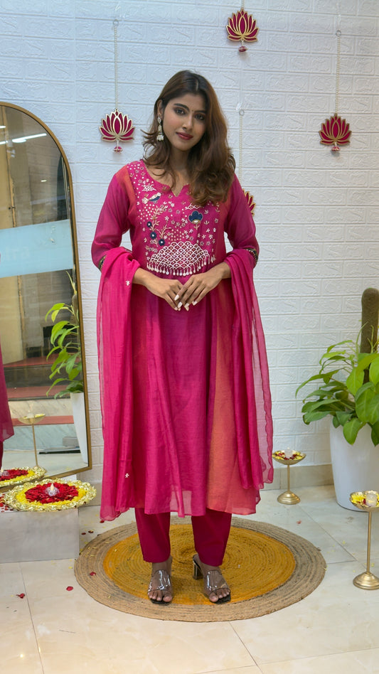 Mul Chanderi Suit with Dupatta – Rani Pink Blossom