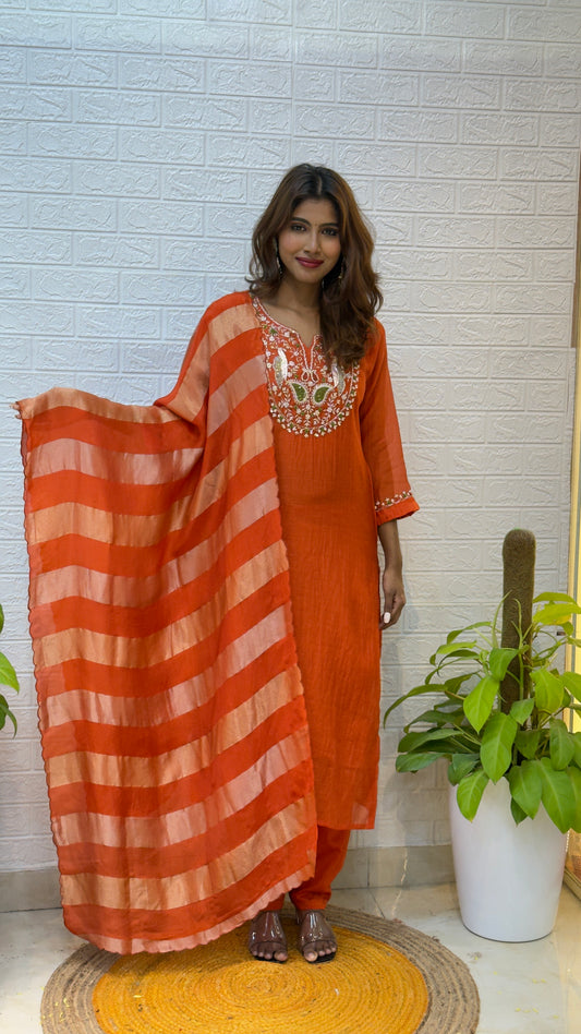 Mul Chanderi Suit with Tissue Dupatta – Tangerine Orange