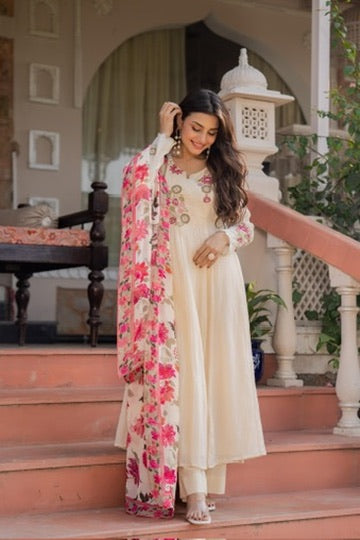 Premium Mul Cotton A-Line Suit Set with All-Over Embroidery & Digital Organza Dupatta – Cream