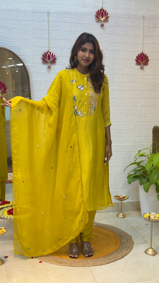 Tissue Silk Suit with Exquisite Handcrafted Detailing – Mustard Glow