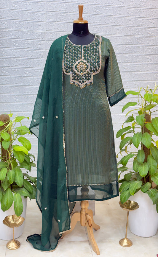 Premium Partywear Straight Suit with Embroidered Yoke & Elegant Dupatta – Emerald Green