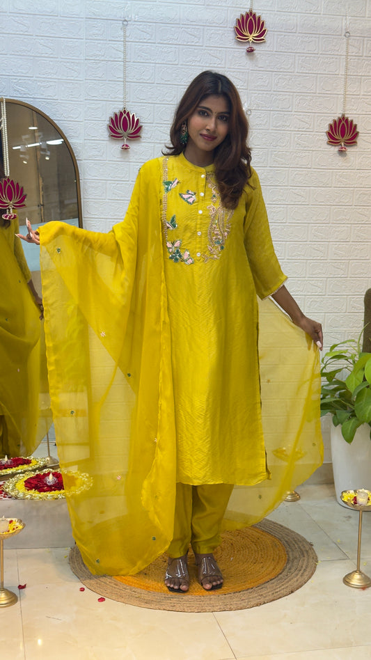Tissue Silk Suit with Exquisite Handcrafted Detailing – Mustard Glow