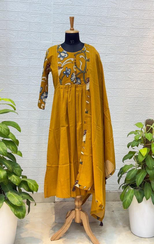 Premium Printed Cotton Anarkali Suit Set with Elegant Dupatta – Mustard Yellow