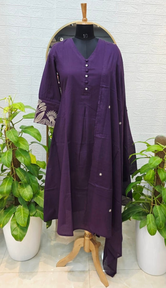 Premium Elegant Cotton Suit Set with Embroidered Detailing – Deep Purple