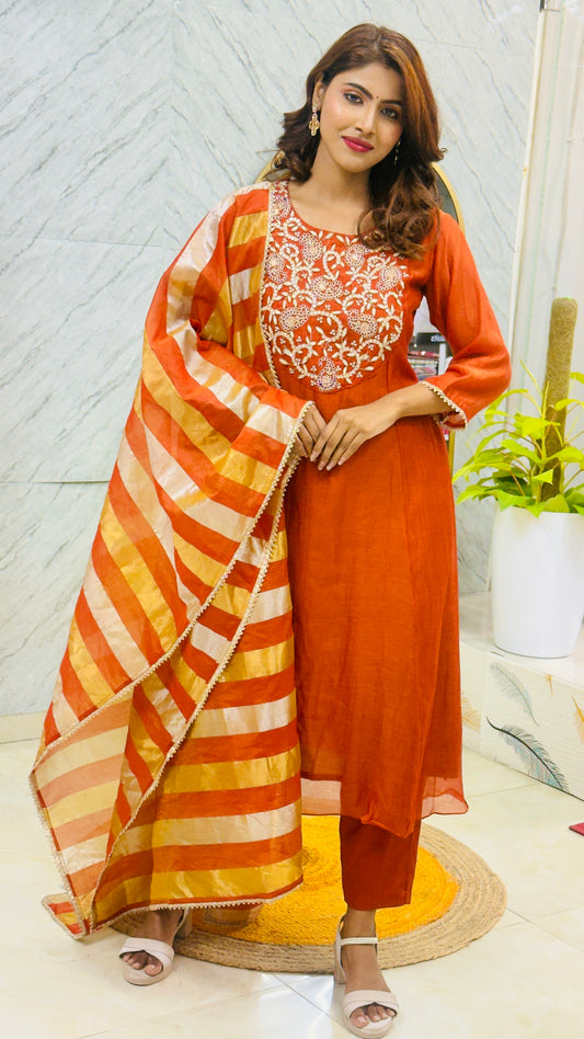 Premium Mul Chanderi with Tissue Dupatta (Handwork Touch Near Neck Yoke) - Orange / Rust