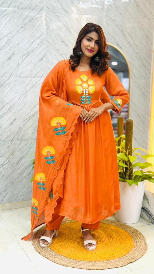 Premium Mul Chanderi with Applique Work - Orange