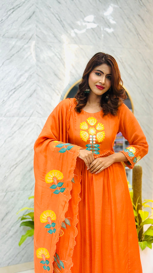 Premium Mul Chanderi with Applique Work - Orange
