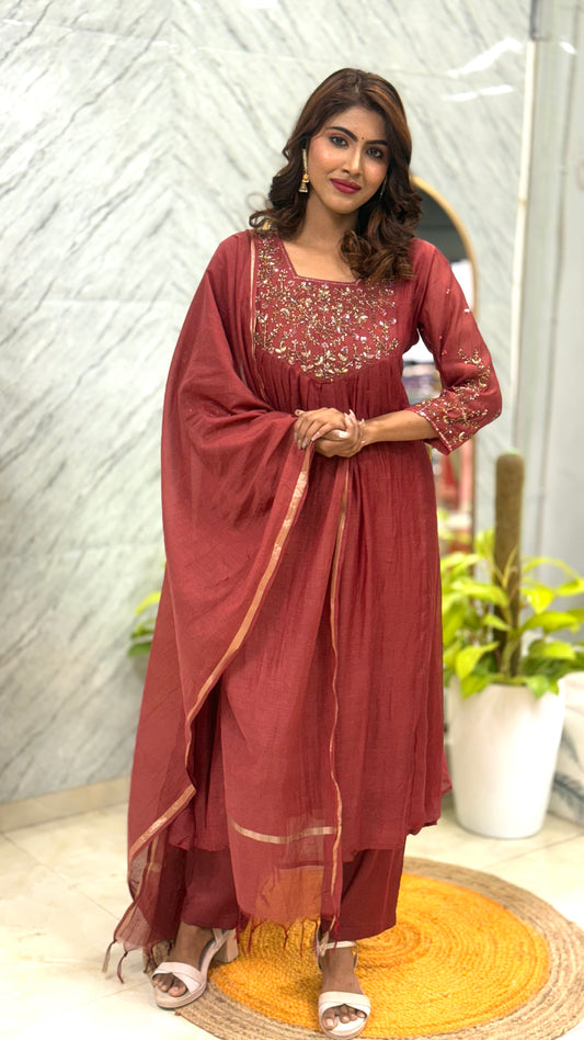 Premium Mul Chanderi Suit - Brown
