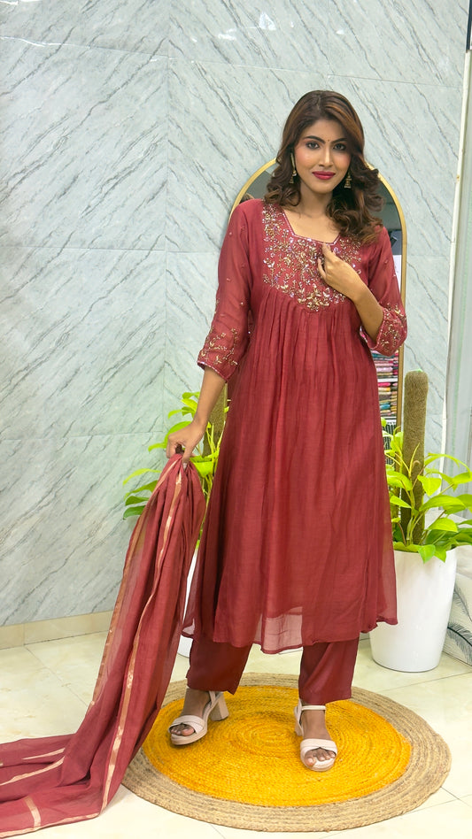 Premium Mul Chanderi Suit - Brown