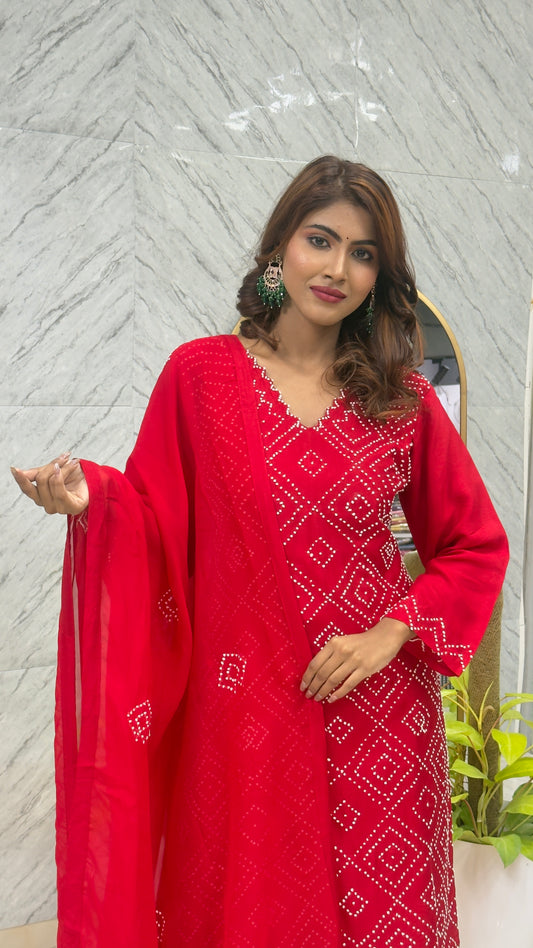 Premium Mul Chanderi with Boolean Work & Chiffon Dupatta - Red