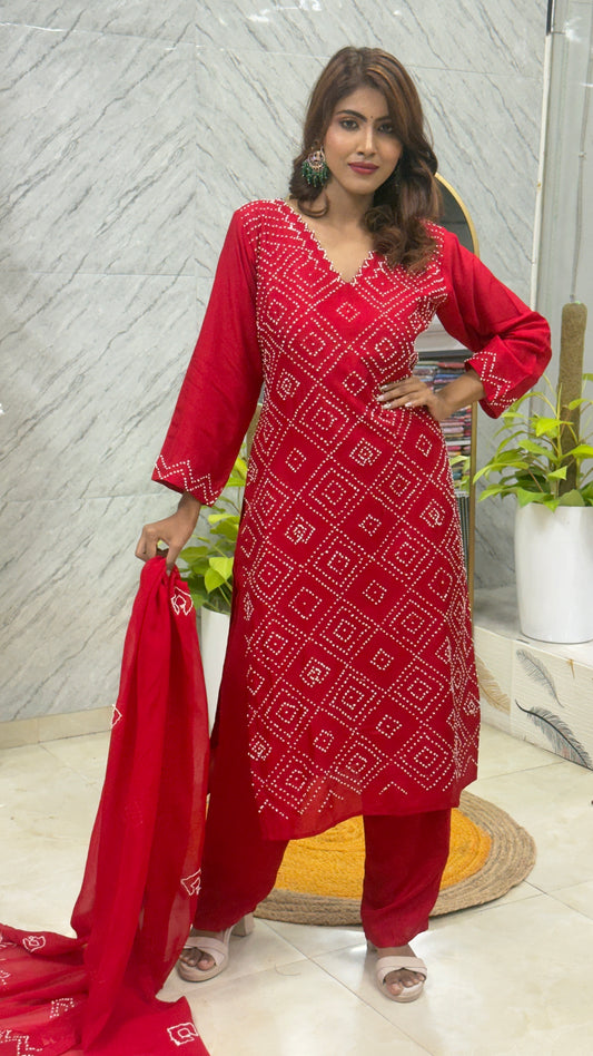 Premium Mul Chanderi with Boolean Work & Chiffon Dupatta - Red