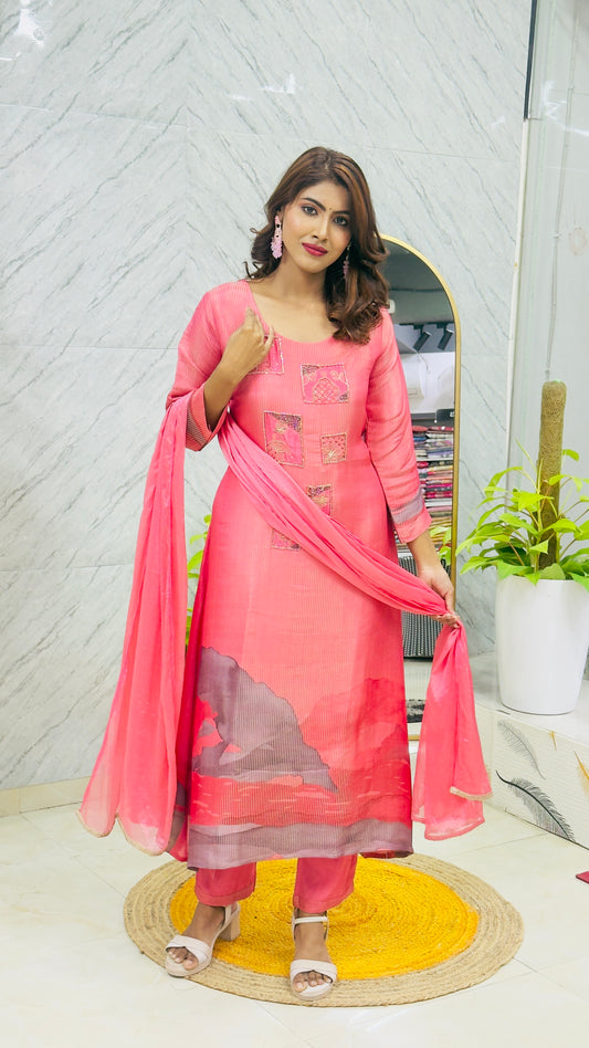 Pink Premium Tissue Silk Salwar Suit with Handwork Chiffon Dupatta