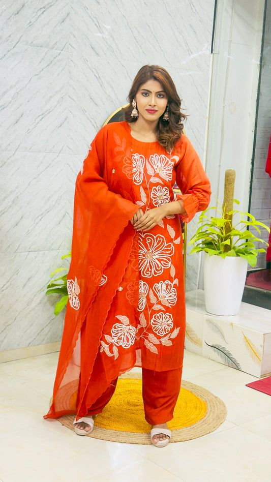 Premium Mul Chanderi with Applique & Boolean Work paired with Chiffon Dupatta & Work on Dupatta - Orange
