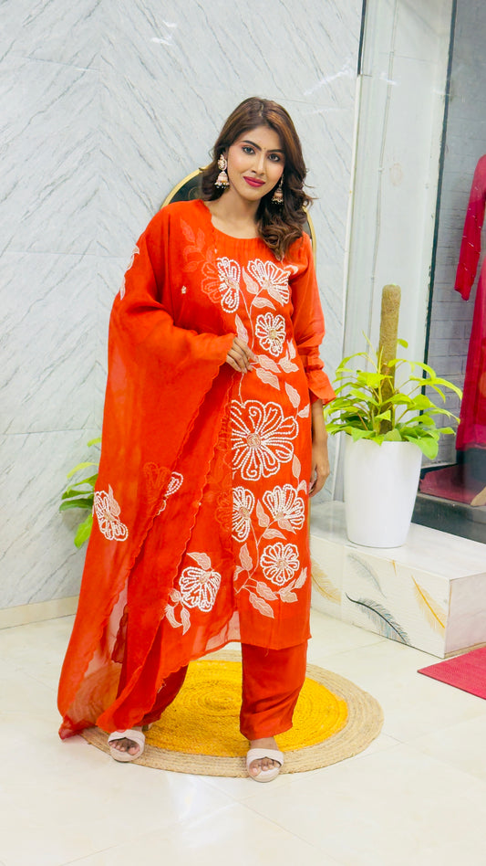 Premium Mul Chanderi with Applique & Boolean Work paired with Chiffon Dupatta & Work on Dupatta - Orange