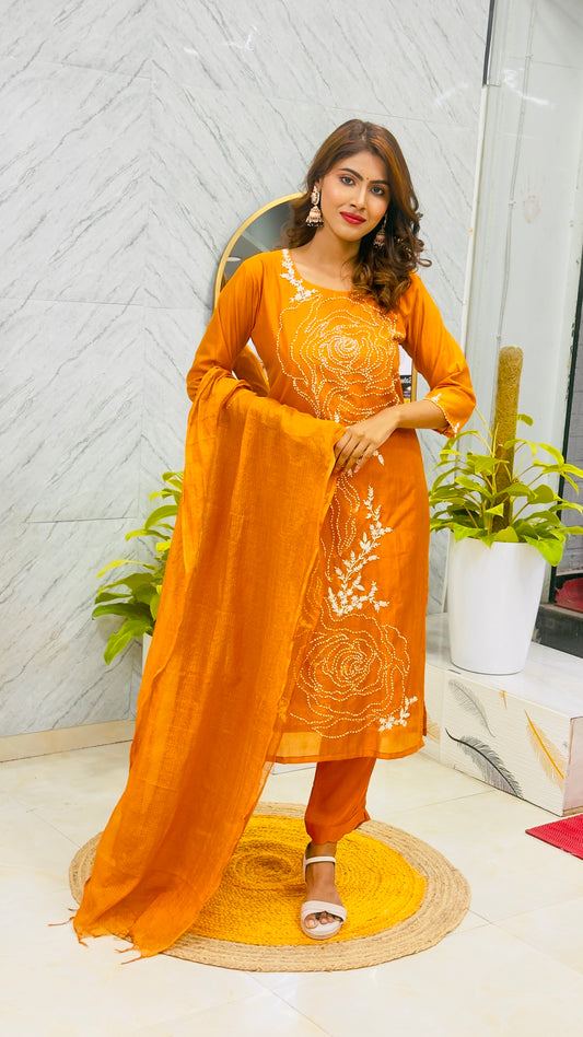 Premium Mul Chanderi with Thread Work & Boolean Work paired with Kota Doriya Dupatta - Orange