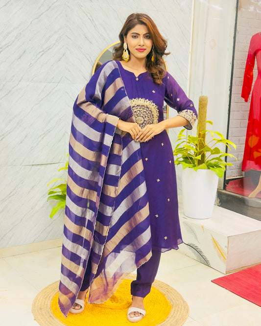 Premium Mul Chanderi with Zari Work & Tissue Dupatta - Purple