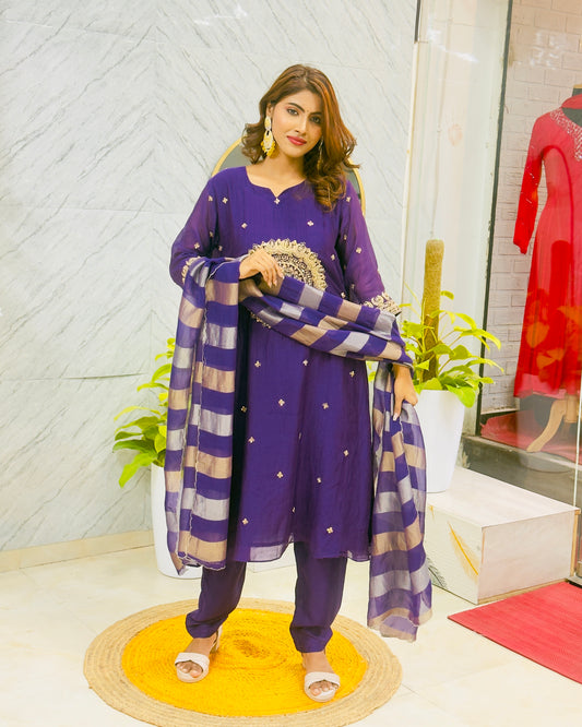 Premium Mul Chanderi with Zari Work & Tissue Dupatta - Purple