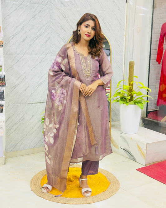 Tissue Silk Suit (Handwork Near Neck Yoke + Digital Print Dupatta) - Purple