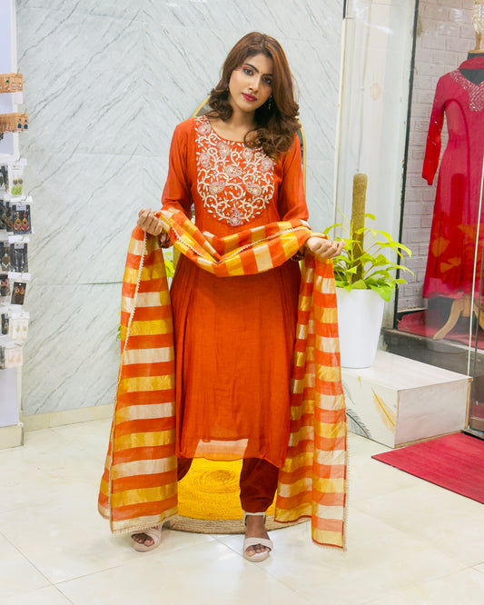 Premium Mul Chanderi with Tissue Dupatta (Handwork Touch Near Neck Yoke) - Orange / Rust