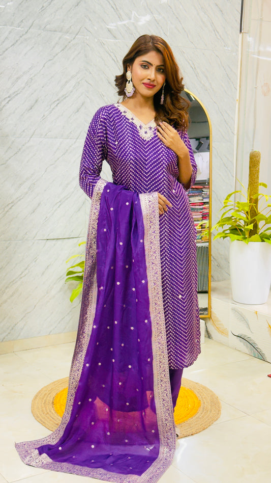 Premium Silk Suit with Handwork paired with Organza Dupatta - Purple