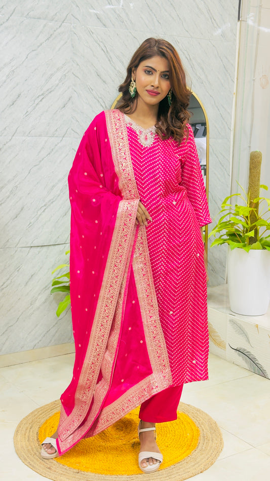Premium Silk Suit with Handwork paired with Organza Dupatta - Pink
