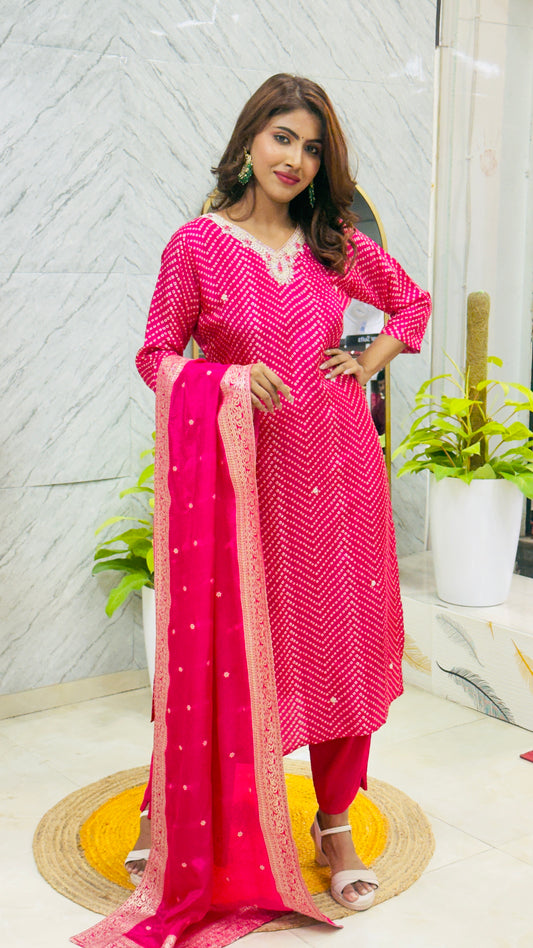 Premium Silk Suit with Handwork paired with Organza Dupatta - Pink
