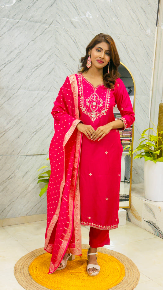 Rani Pink Dola Silk- Handwork Salwar Suit