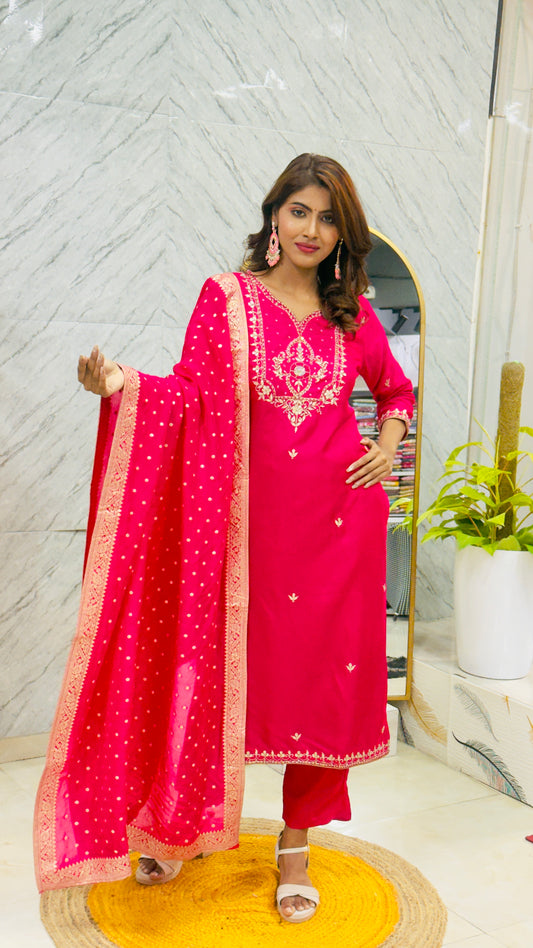 Rani Pink Dola Silk- Handwork Salwar Suit