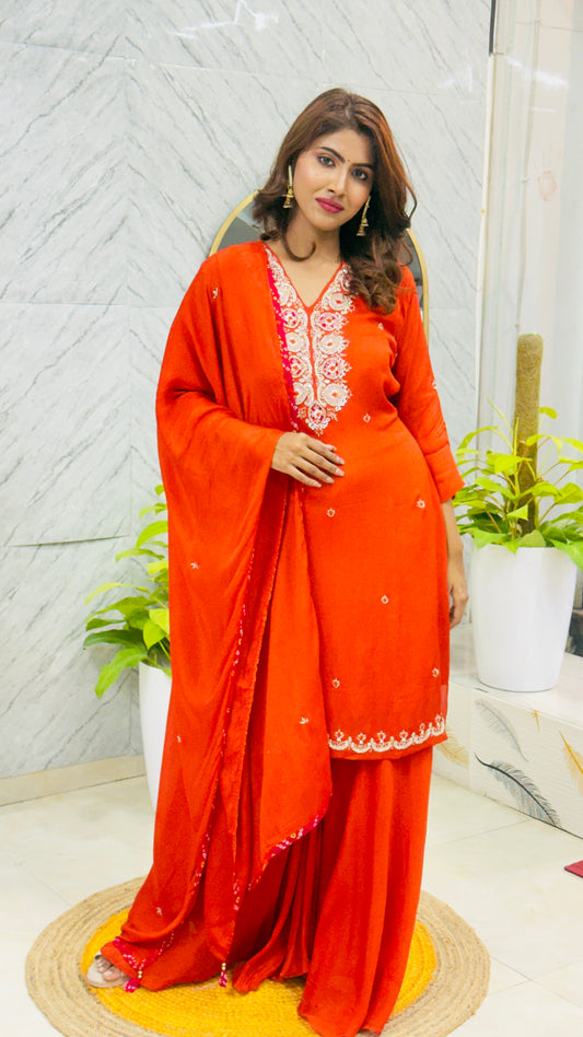 Premium Georgette Palazzo Set with Handwork & Chiffon Dupatta – Orange
