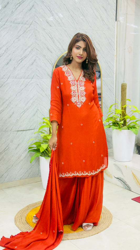 Premium Georgette Palazzo Set with Handwork & Chiffon Dupatta – Orange