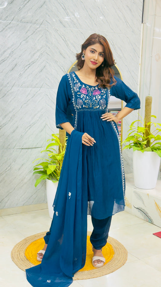 Premium Mul Chanderi Suit with Kantha Work - Navy Blue