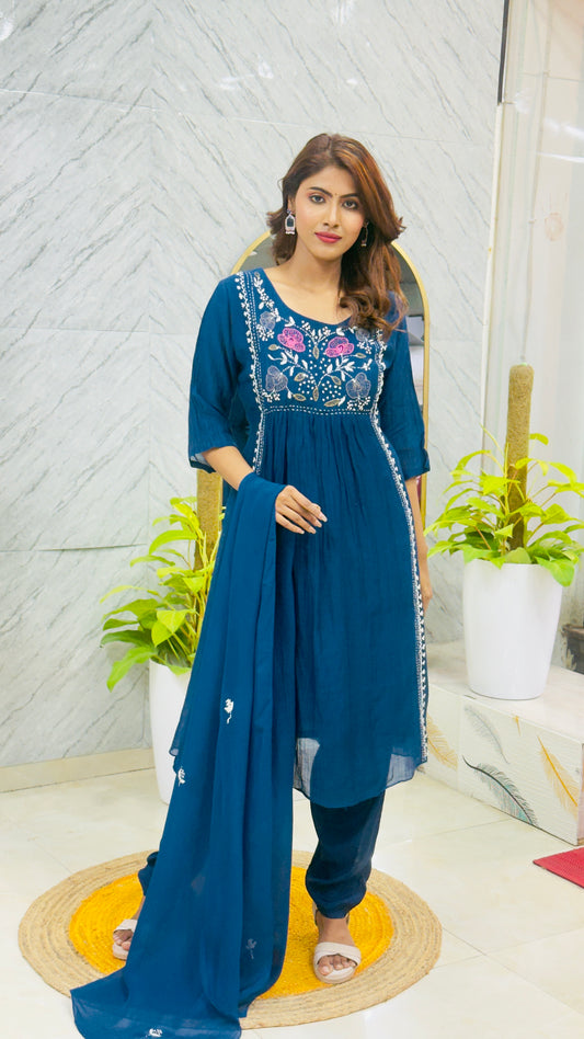 Premium Mul Chanderi Suit with Kantha Work - Navy Blue