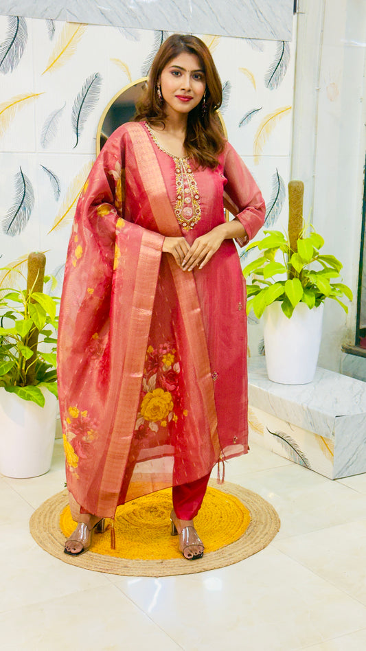 Tissue Silk Suit (Handwork Near Neck Yoke + Digital Print Dupatta) - Maroon