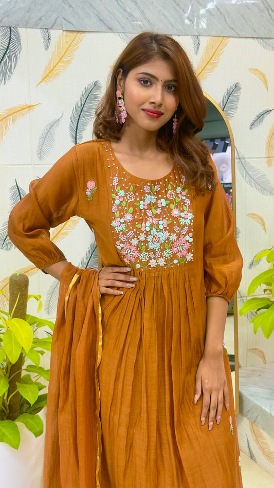 Premium Mul Chanderi with Boolean Work - Burnt Rust