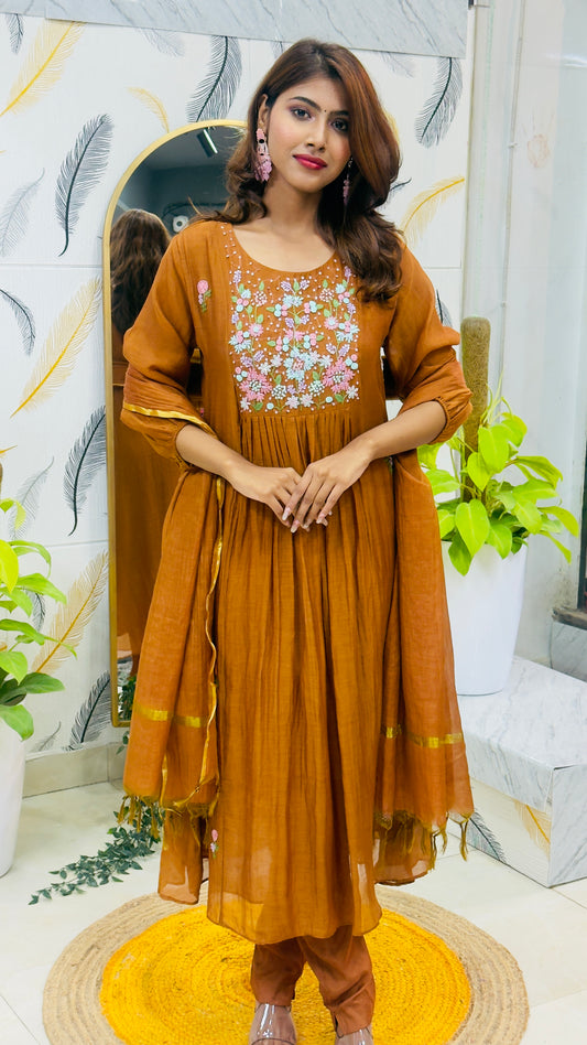 Premium Mul Chanderi with Boolean Work - Burnt Rust