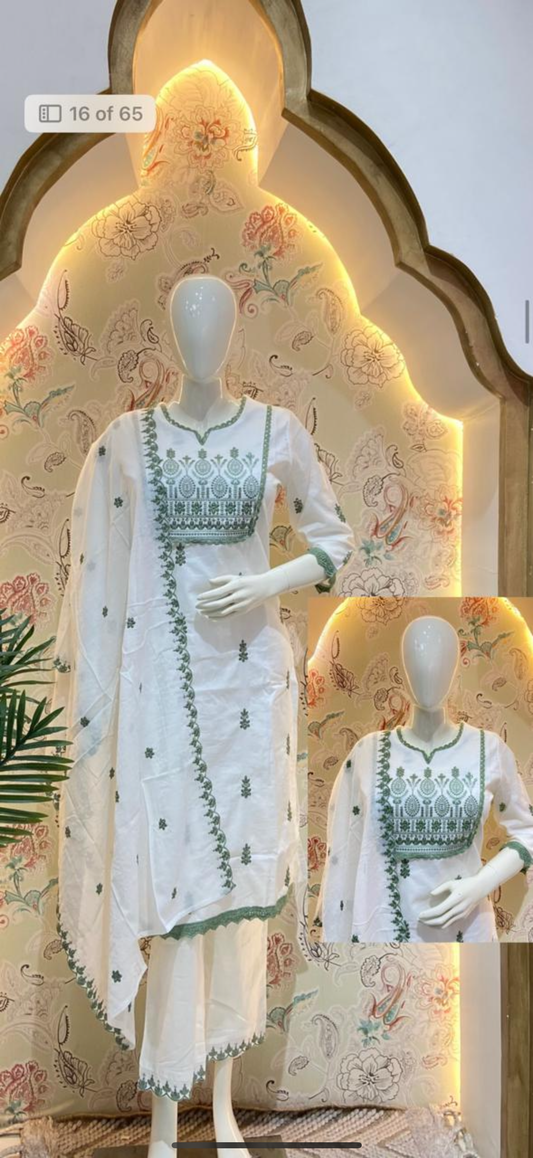 White with Green Embroidery Suit