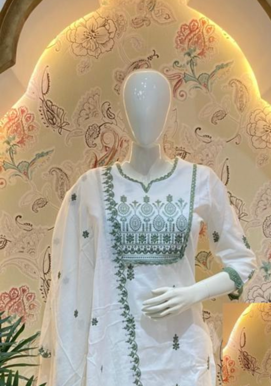 White with Green Embroidery Suit