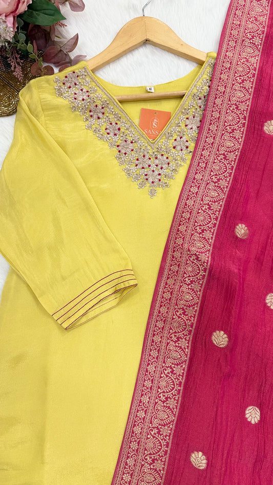 Yellow Premium Tissue Silk Salwar Suit with Tissue Crush Dupatta