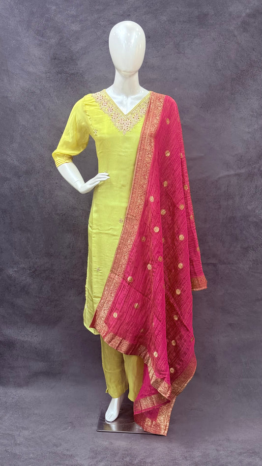 Yellow Premium Tissue Silk Salwar Suit with Tissue Crush Dupatta
