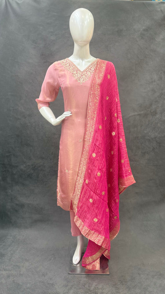 Baby PinkPremium Tissue Silk Salwar Suit with Tissue Crush Dupatta
