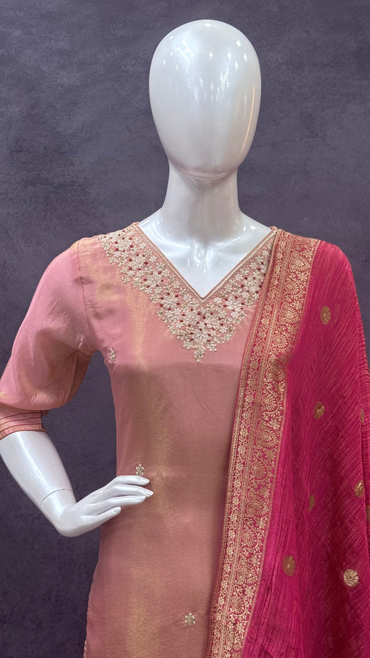 Baby PinkPremium Tissue Silk Salwar Suit with Tissue Crush Dupatta